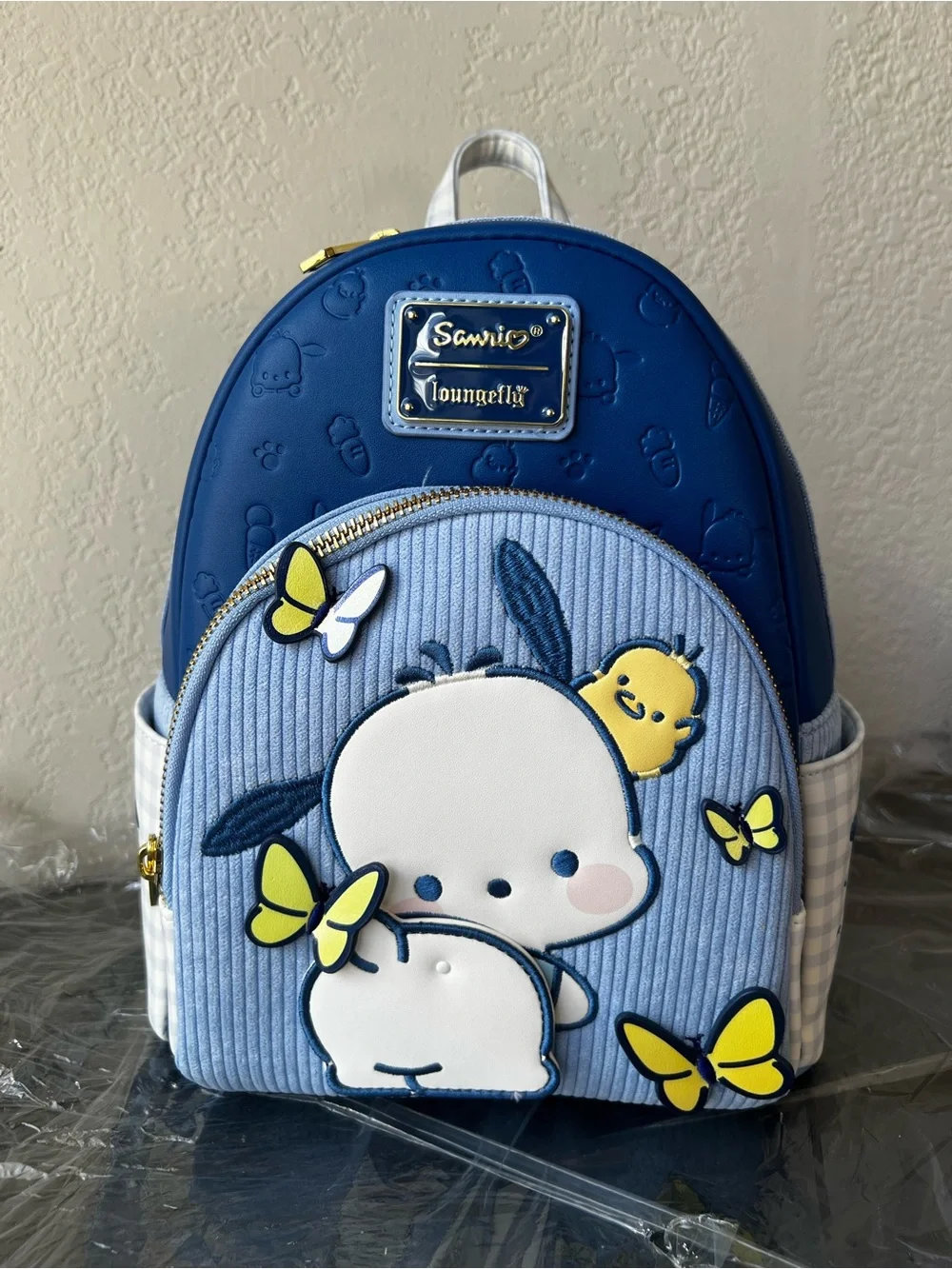 NWT Loungefly Sanrio Pochacco Blue Gingham Butterfly Moving Butt Mini Backpack